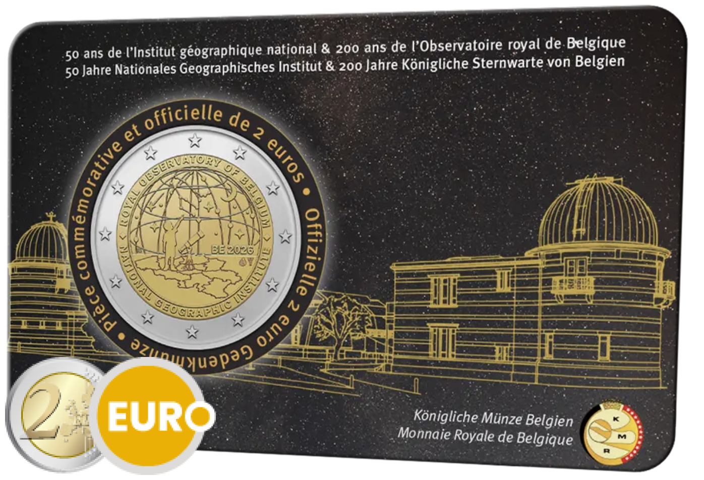 2 euro Belgium 2026 - National Geographic Institute and Royal Observatory BU FDC Coincard FR